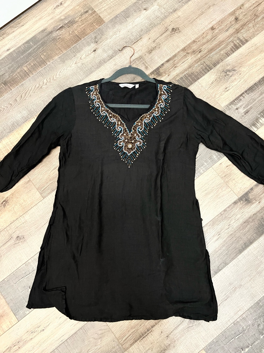 Black Beaded V-Neck Tunic with Turquoise and Gold Accents